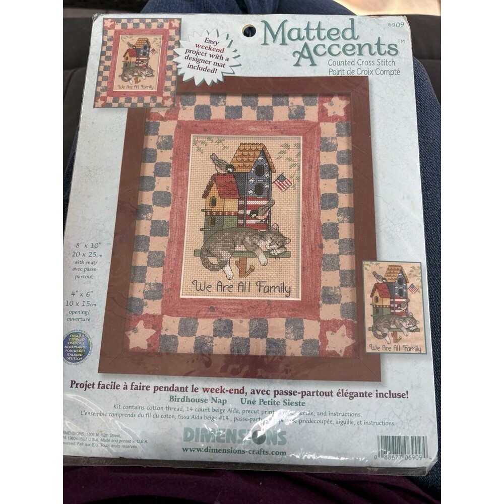 Dimensions Matted Accents 6909 Birdhouse Nap Cat Birds Counted Cross Stitch Kit